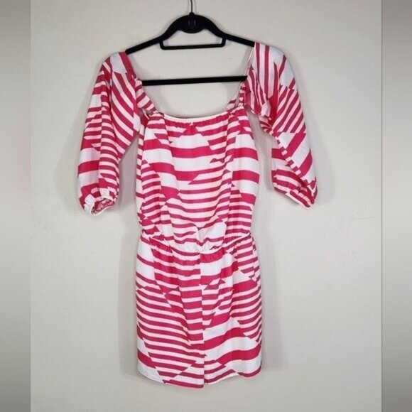 Everly Half Sleeve Asymmetrical Stripes Barbie Romper Women Size S Girly Pink - Picture 1 of 7